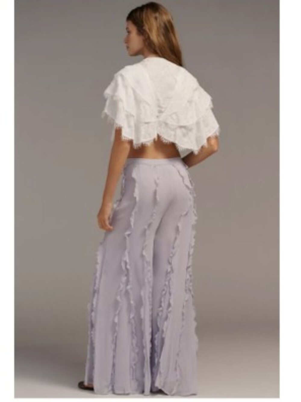 By Anthropologie Sheer Ruffle Flare Pants in Lavender – Size 6 – NWT - Picture 4 of 10